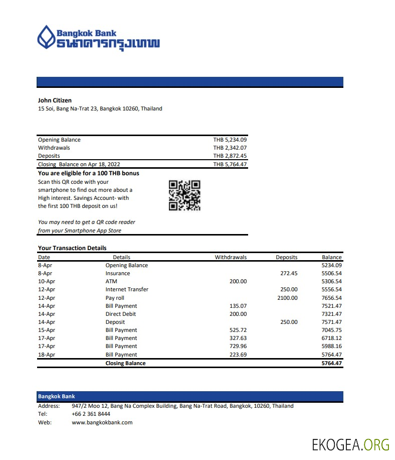 Relevé bancaire de Thaïlande Bangkok, modèle Excel et PDF template